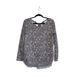 LC Lauren Conrad Gray & Pink Floral Print Lace Trim Tie Back Top Medium Women’s